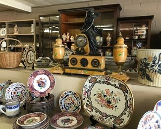 Antique mantle set, plus large platters