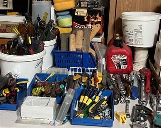 Assorted Tools, Screws, Nails, Wheel Covers, etc.