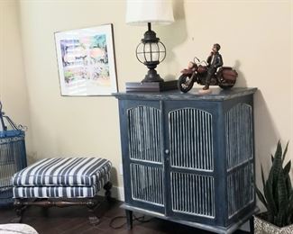 Cage cabinet, plush ottoman and large metal bird cage