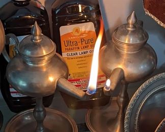 Belgian pewter oil lamps