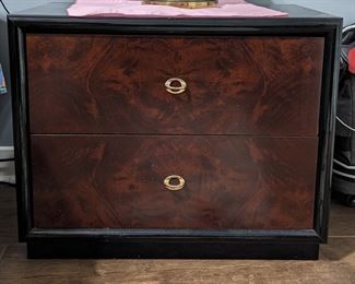 night stand with burl wood overlay-All furniture and wall art will be on pre-sale online only starting Wednesday June 21 Text 615-854-8535 or email nashville@entrustedestatesales.com for pricing, purchasing, adn with any questions. 