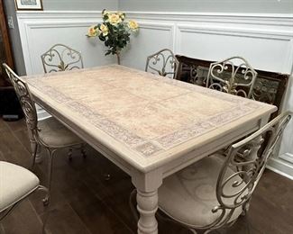 Dining table with ceramic top                                                        
6 side chairs-All furniture and wall art will be on pre-sale online only starting Wednesday June 21 Text 615-854-8535 or email nashville@entrustedestatesales.com for pricing, purchasing, adn with any questions. 