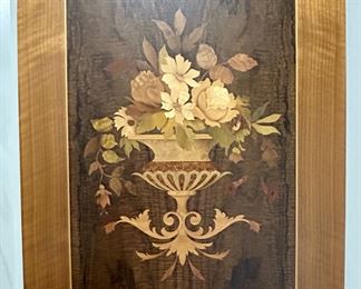 Marquetry wooden art with over 85 individually placed pieces    25.5 x 20.25-All furniture and wall art will be on pre-sale online only starting Wednesday June 21 Text 615-854-8535 or email nashville@entrustedestatesales.com for pricing, purchasing, adn with any questions. 