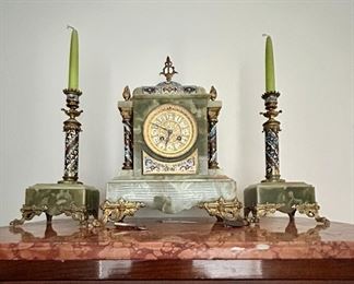Jade mantle clock, Belgian family heirloom                      
Jade candle stick holders