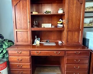 Solid executive desk with hutch- All furniture and wall art will be on pre-sale online only starting Wednesday June 21 Text 615-854-8535 or email nashville@entrustedestatesales.com for pricing, purchasing, adn with any questions. 