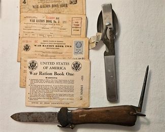 War ration books, German mess utensil kit, German paratrooper knife