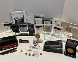 Railroad awards, wood pens, pins, memorabilia