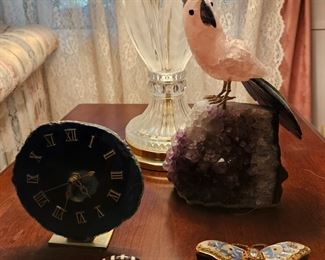 Agate clock, bird sculpture made from semi precious stones and more