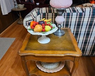 Pink lamp, ceramic fruit and a vintage side table