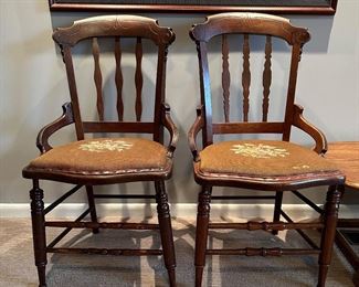 2 EMBROIDERED WOOD CHAIRS