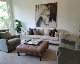 Sofa, chairs, leather ottoman