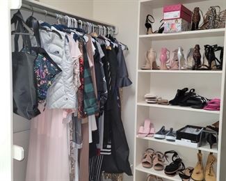 Closets of designer clothing & shoes, many w/tags