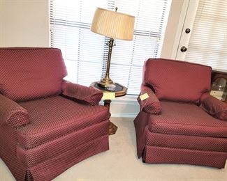Newly recovered arm chairs, slate-top side table