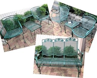 Mid-century iron patio furniture: 4 arm chairs, tiered side table and 3-person glider