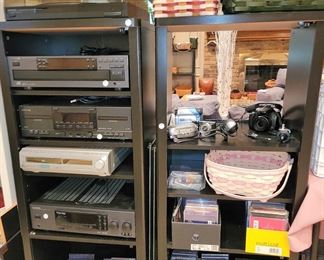 Stereo electronics, classic rock CDs. 45 single records