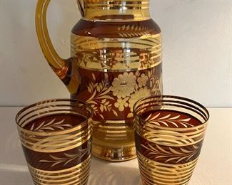 Czech bohemian amber cranberry glass pitcher with 2 glasses