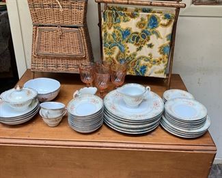 Rattan sewing case; knitting yarn holder; hand painted china made in Japan; wire basket