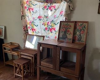 Bamboo framed mirror, Bamboo tables, coffee table & end tables (stacked), art