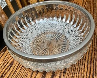 Vintage lead crystal cut glass bowl with silver plated rim. Made in England