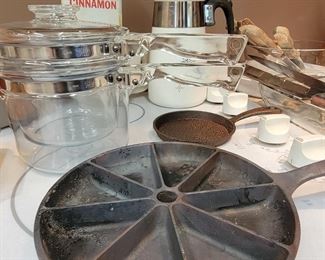 Vintage PYREX double boiler and cast iron
