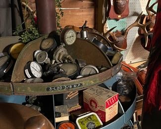 old hardware, gauges, antler mounts, drawer pulls, casters, rock collection, crystals, shells, old tins and boxes