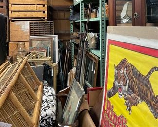 old crates, scales, hutch, baskets, wicker furniture, artwork and decor, Ringling Bros. poster, ephemera