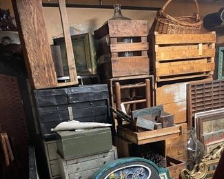 old crates, signs, books, machinist cabinets, print blocks, type drawers, carboy, vintage mirrors, artwork and decor, framed art, vintage furniture, step stool