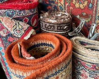 many vintage and antique rugs, some Turkish, some wool, some hand knotted various sizes