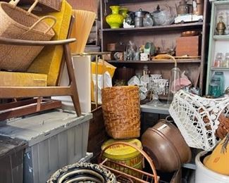 frames, magazine rack, baskets, copper basins, purse, mid century furniture, mcm furniture, glassware, decor, medicine bag