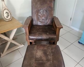 Worn leather Mission Style chair and ottoman