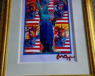 Max Gold God Bless America with Five Liberties 2001 24x18 Mixed Media with acrylic painting and color lithography on paper. Signed in acrylic