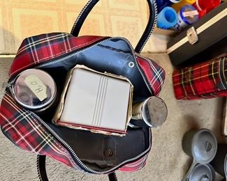 Plaid picnic bag with picnic accessories