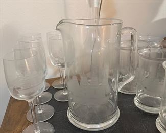 Etched Ship Pitcher, stemmed glasses, beer mugs and decanter