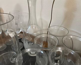 Etched Ship Pitcher, stemmed glasses, beer mugs and decanter