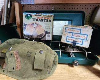 Propanw Canp Stove, camp folding shovel, and miscellaneous camp supplies.