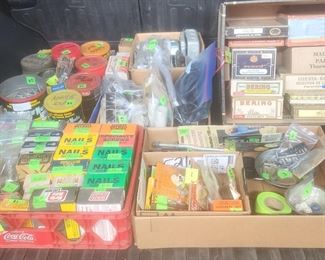 Cigar boxes ($10 for all in box), boxes & cans of nails, screws, assorted hardware.