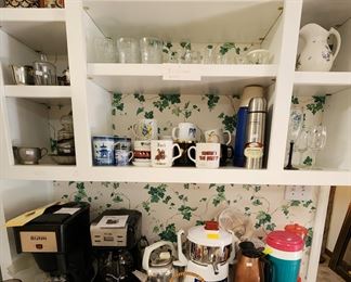 Kitchen beverage station, coffee makers, cups, carafes, teapots, pitchers, glasses and more.
