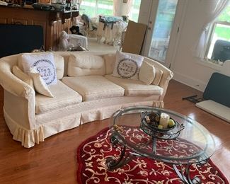 #1	sofa	white  curved sofa 7 feet 	 $75.00 						
#4	table	round bevel  glass top table with iron base coffee table 38x16	 $75.00 			
