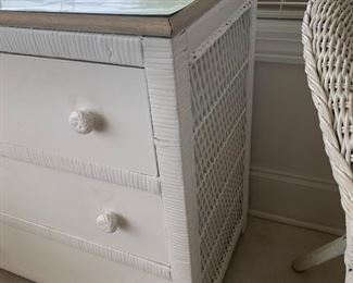 #34	cabient	white of 3 drawers with wicker side laminate top 28x16x29	 $75.00 			
