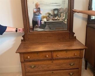 #119	antique 4 drawer chest with mirror 44x20x31 mirror 29 tx 38	 $175.00 			
