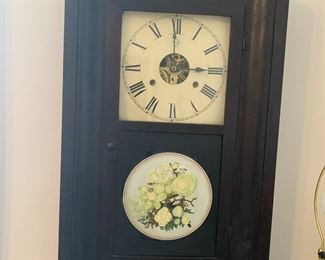 #122	Seth Thomas  as is Circa 1805 wall clock cotton painted on front 15x5x25	 $125.00 			
