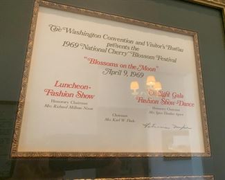 #124	Patricia Nixon signed menu for  Washington national cherry blossom fusible "Blossom on the moon" April 9, 1969 	 $75.00 			
