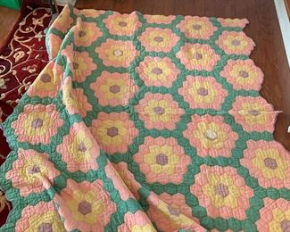 #171	twin size green yellow purple quilt hand quilted with some damage purple back 	 $20.00 			
#172	twin size yellow green purple quilt hand quilted with few spots pink back	 $30.00 			
