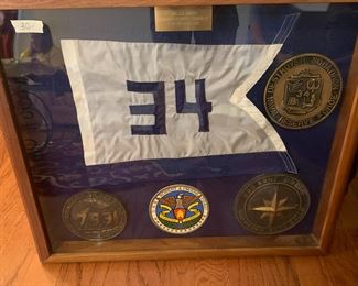 #183	framed collection of Robert A. Owens  commander placks and flag 	 $30.00 			
