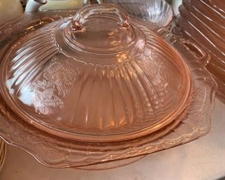 #198	pink depression glass bowl with lid	 $25.00 			
