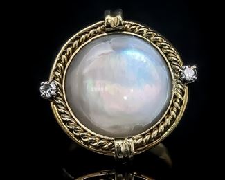 Shimmering Mother of Pearl & Diamond Cabochon Bezel Estate Ring in 18k Yellow Gold; $2,799 Retail