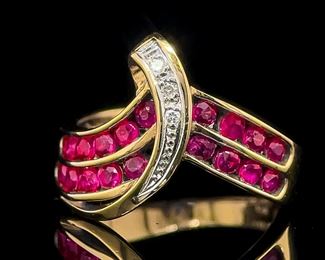 0.64 Carat Natural Ruby & Diamond Ribbon Chevron Channel Two-Tone Estate Ring in Platinum & 18k Yellow Gold