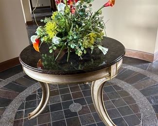 Fabulous custom three leg foyer table with marble top.   Flowers are for sale too.