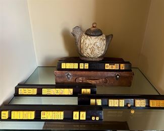 Vintage Mahjong set with case, trays, dice, and tiles.