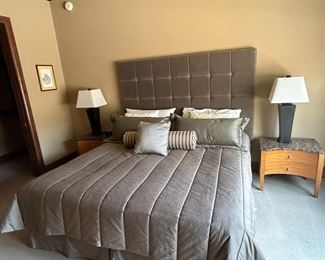 King size bed and bedding, nightstands compliment the dresser in previous piece.